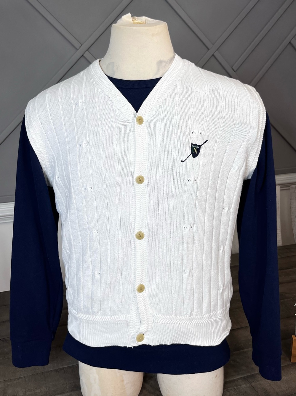 Vintage Nautica Cable-knit Button-Up V Neck Sweater Vest Sz L